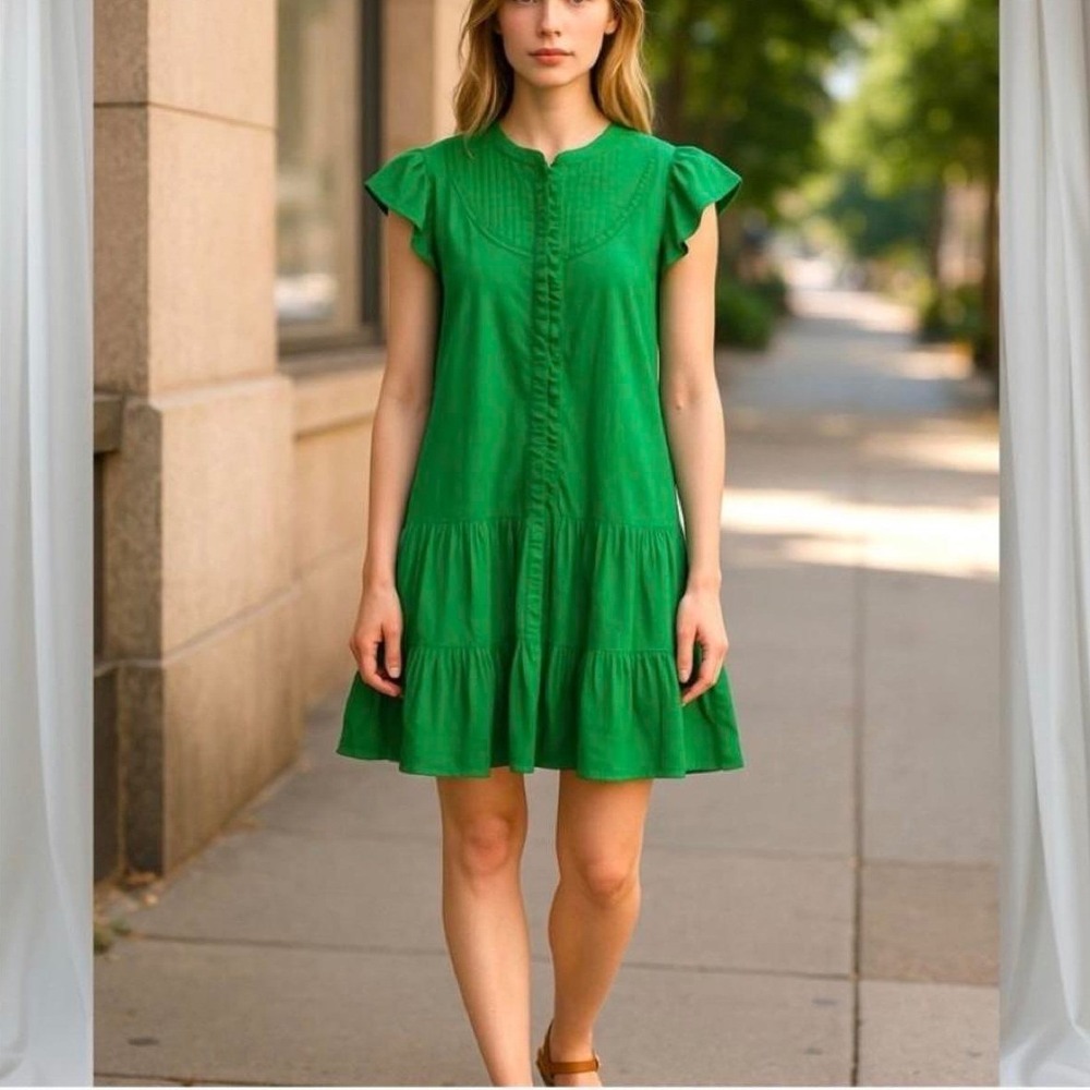 Caroline Constas Shirt Dress Womens Small Green Excellent Ruffle Pintuck Mini